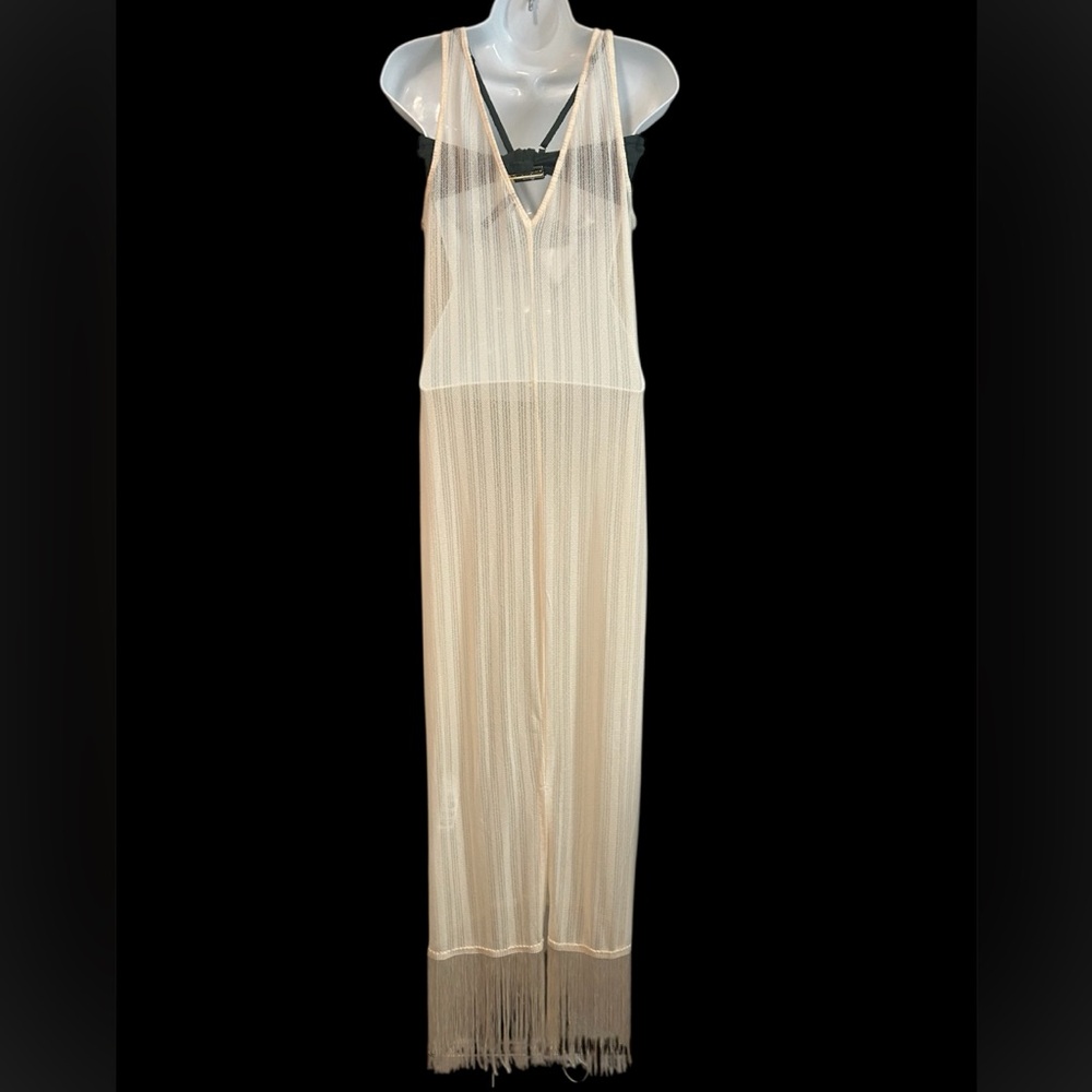 PrettyLittleThing Beige Long See-Thru Fringe Dress - Picture 3 of 6